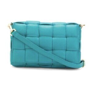 Chiara Ferretti Quilted Italy Leather Flap Over Woven Crossbody Blue Handbag